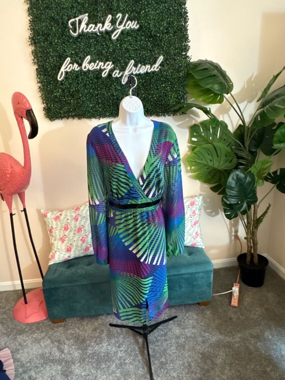 Vibrant Tropical Print Wrap Dress - Blue/Green/Purple